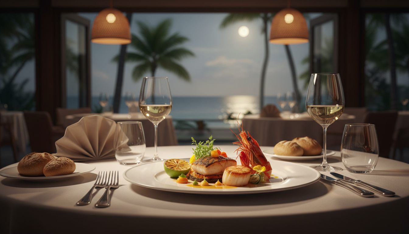 Fine dining seafood plate at a resort restaurant