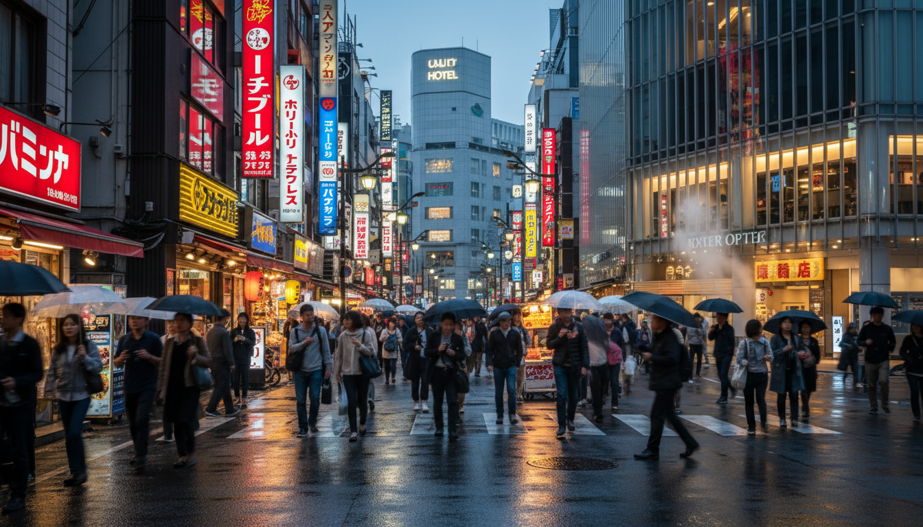 Busy neon-lit street in Tokyo with a hotel building in the background