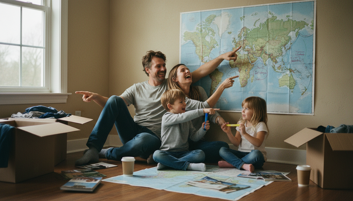 A family laughing and organizing their family vacation planning timeline together on the living room floor