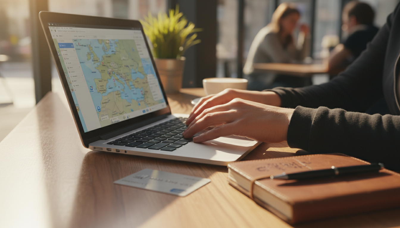 How I Choose a Hotel Without Losing My Mind or My Money 1 Hands typing on a laptop alongside a notebook and credit card while planning a trip