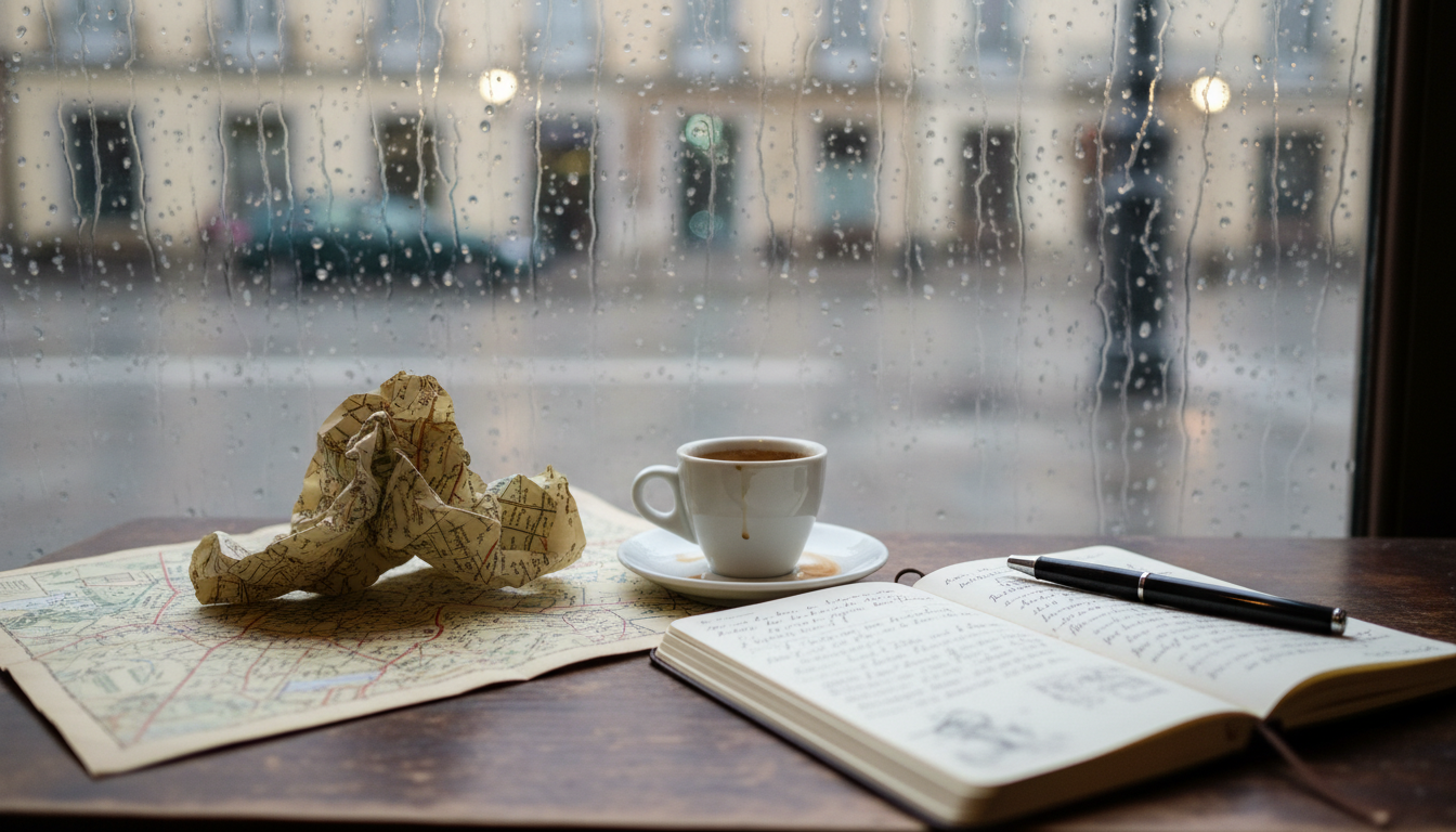 A messy cafe table with a travel journal and espresso cup during a rainy day trip