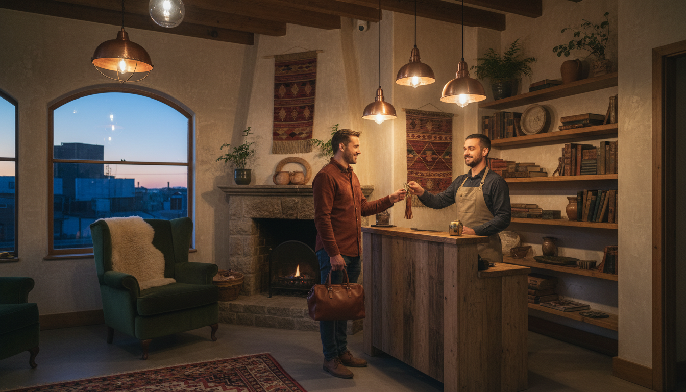 Friendly hotel receptionist handing a room key to a guest in a cozy lobby