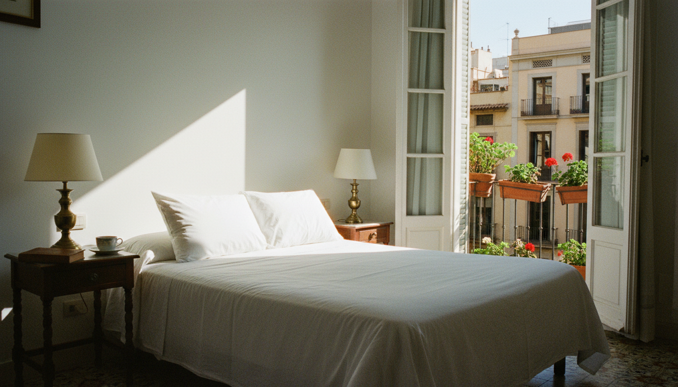 Charming and affordable hotel room in Barcelona with French doors opening to a sunlit balcony