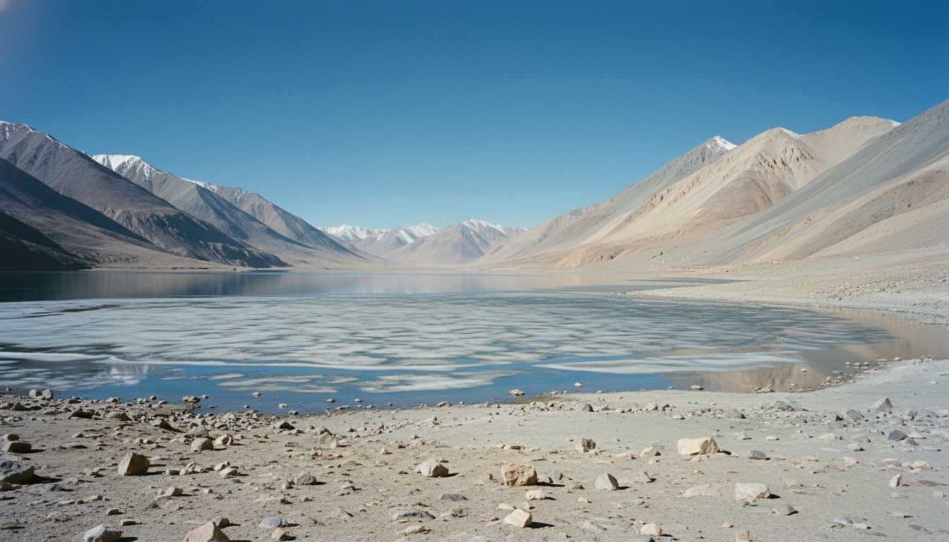 The spectacular partially frozen Gurudongmar Lake surrounded by high altitude mountains in North Sikkim