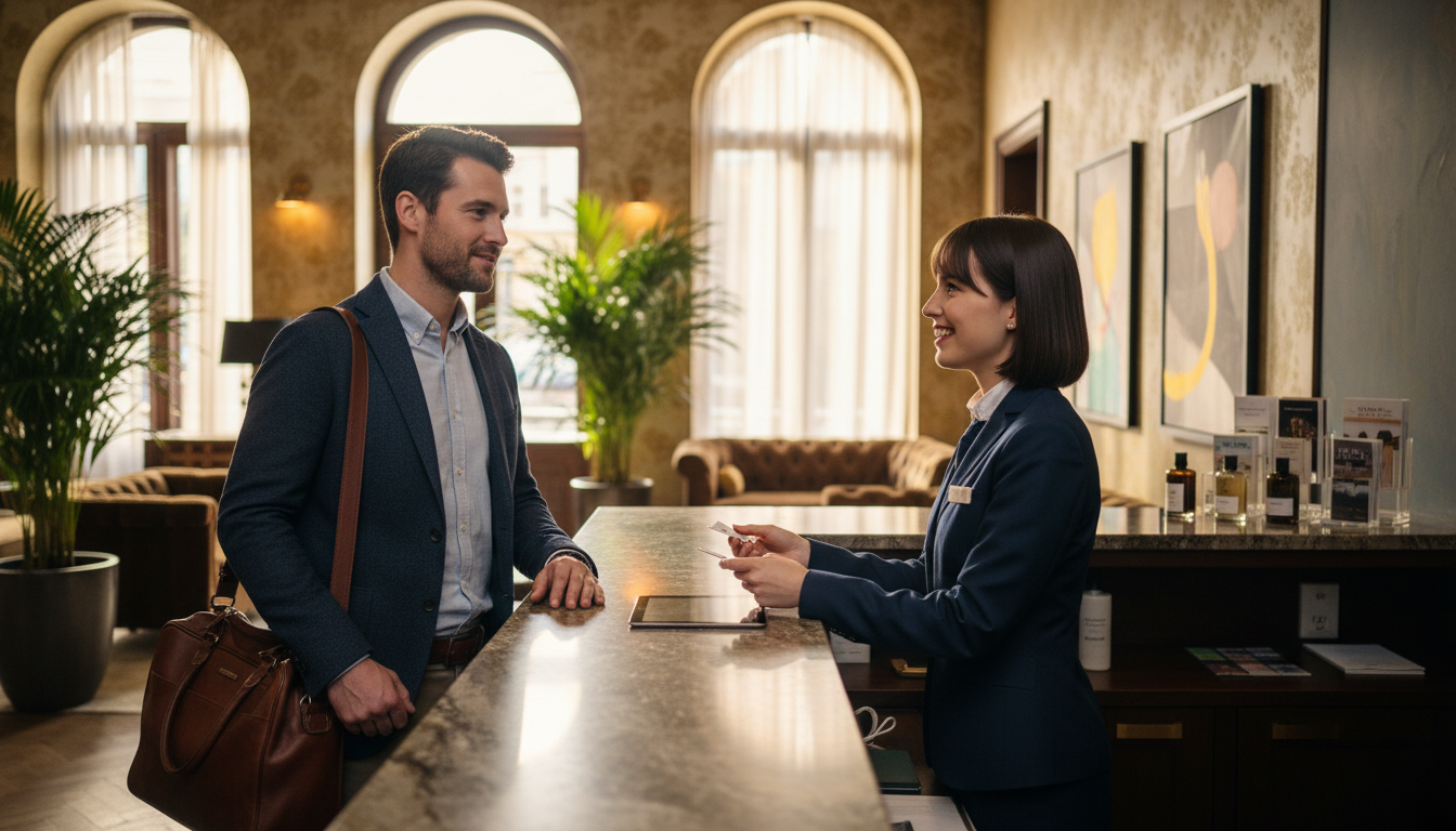 Guest speaking directly with a hotel receptionist at the front desk