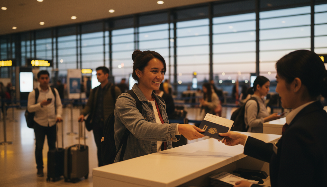 How I Find The Best Travel Deals Every Single Time 2 Happy traveler handing passport to an agent at the airport check-in counter