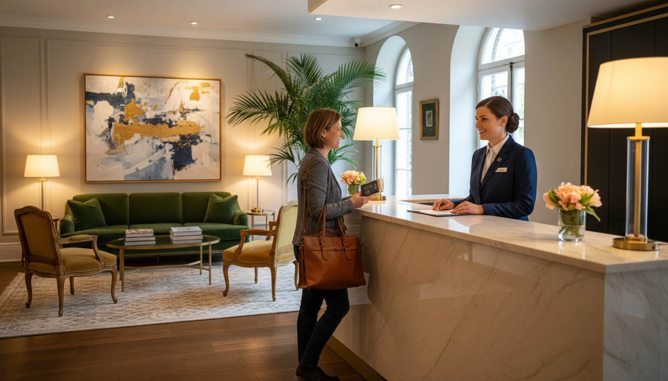 A friendly hotel receptionist speaking with a guest at the front desk about hotel room deals