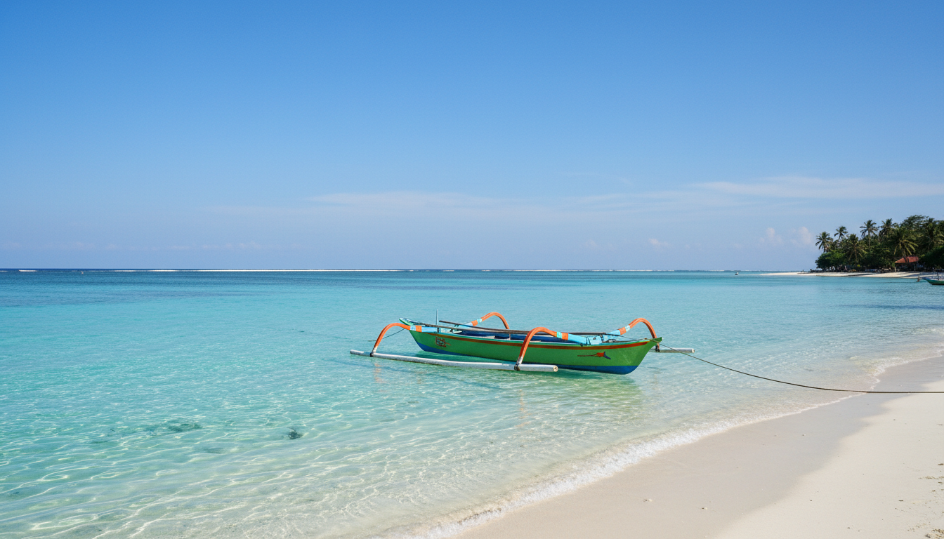 A rustic wooden outrigger boat floating in the clear turquoise waters of the Gili Islands