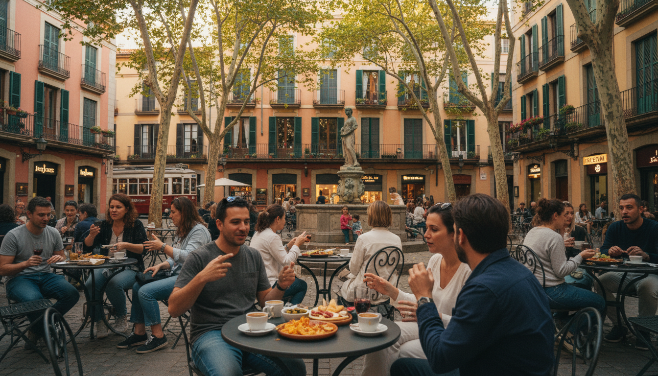 Locals enjoying tapas at an outdoor cafe in a sunny Gracia plaza