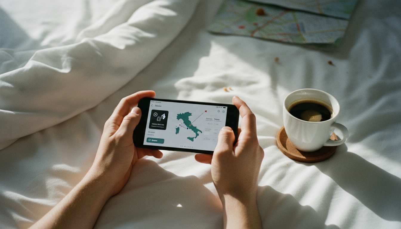 Traveler using a smartphone to find hotel deals while having morning coffee in bed.