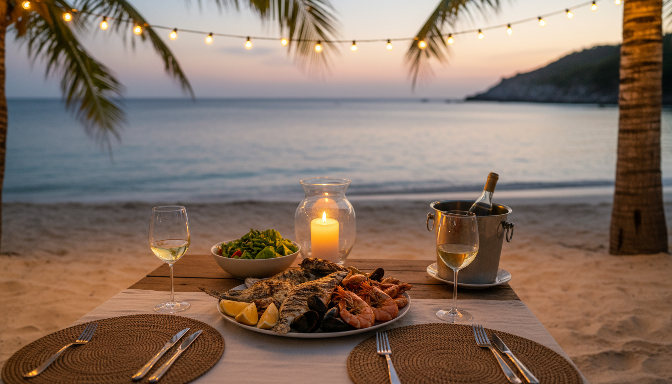 My Perfect Beach Resort Holiday: A Personal Story 2 Romantic beachfront dinner table setup with fresh food and wine under string lights