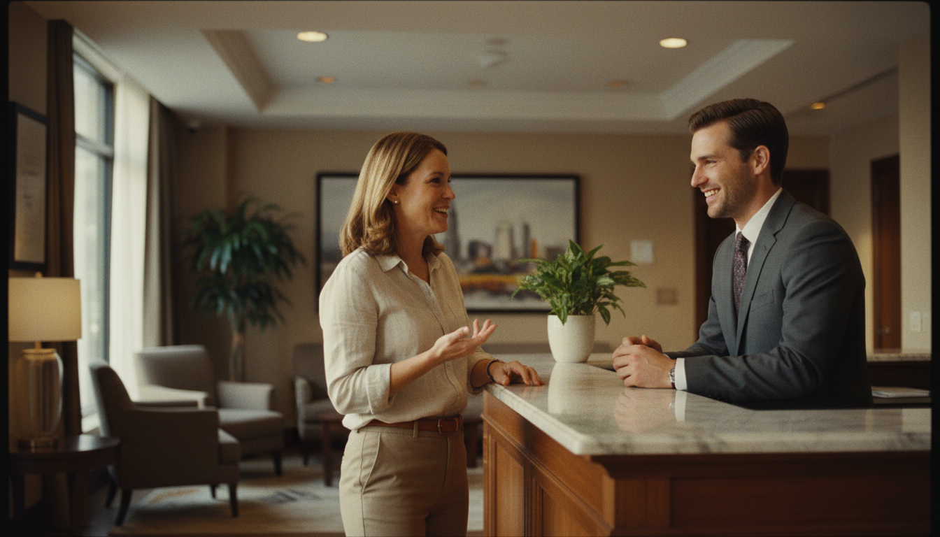 A guest chatting with friendly hotel staff while organizing a monthly hotel stay.