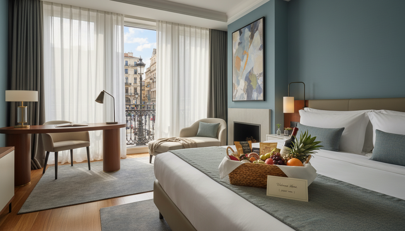 Upgraded luxury hotel room with a welcome basket and handwritten note