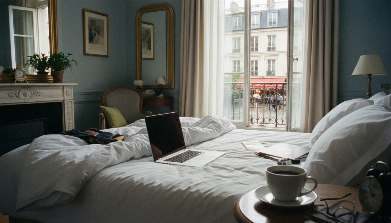 Open laptop on a messy white hotel bed in Paris with morning light shining through the window