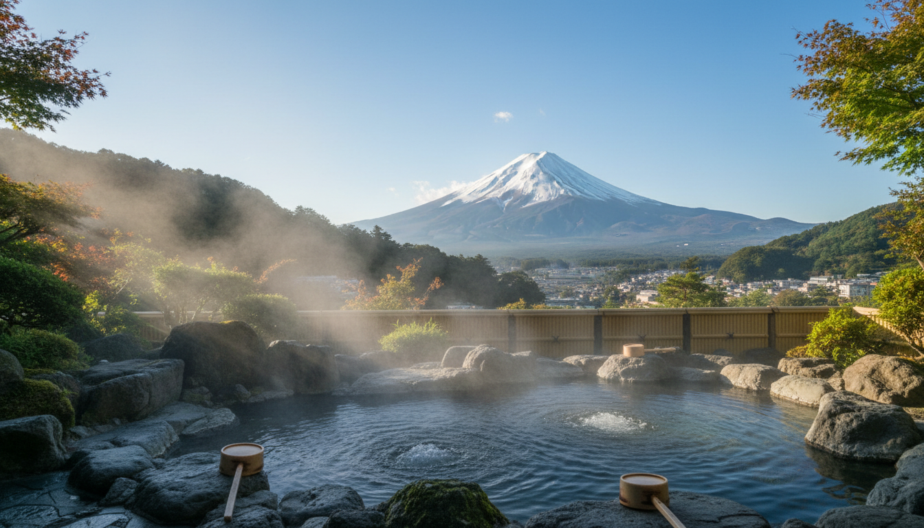 A serene outdoor hot spring with a clear view of the snow-capped Mount Fuji