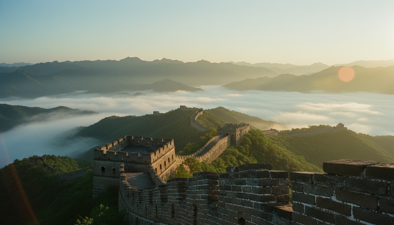 Majestic view of the endless green valleys seen from the battlements of the Great Wall of China