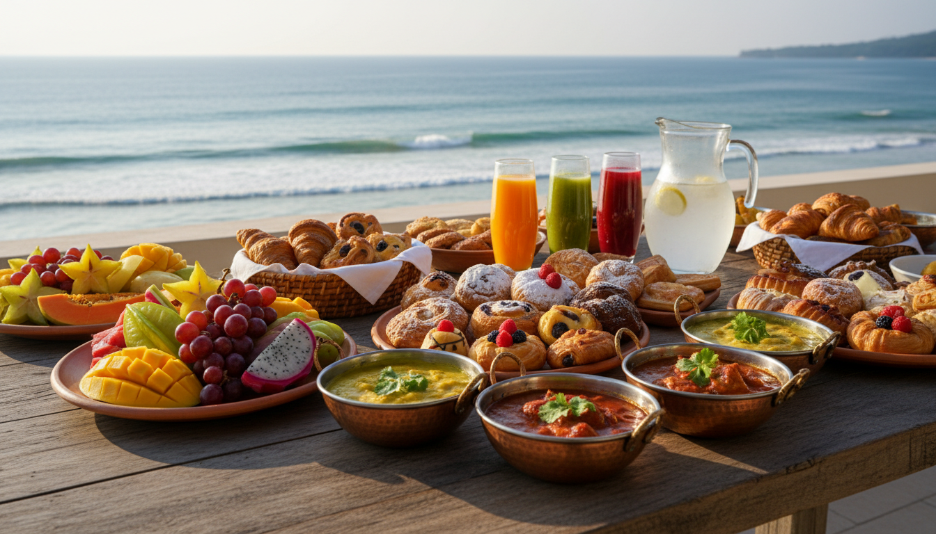 A diverse and colorful breakfast buffet spread at a luxury resort