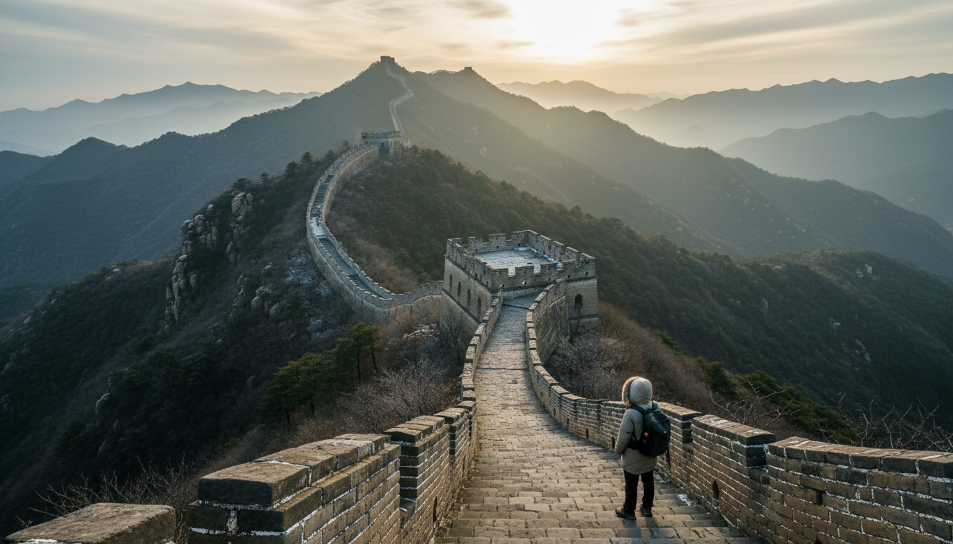 Hiker standing on the ancient steps of the Great Wall of China