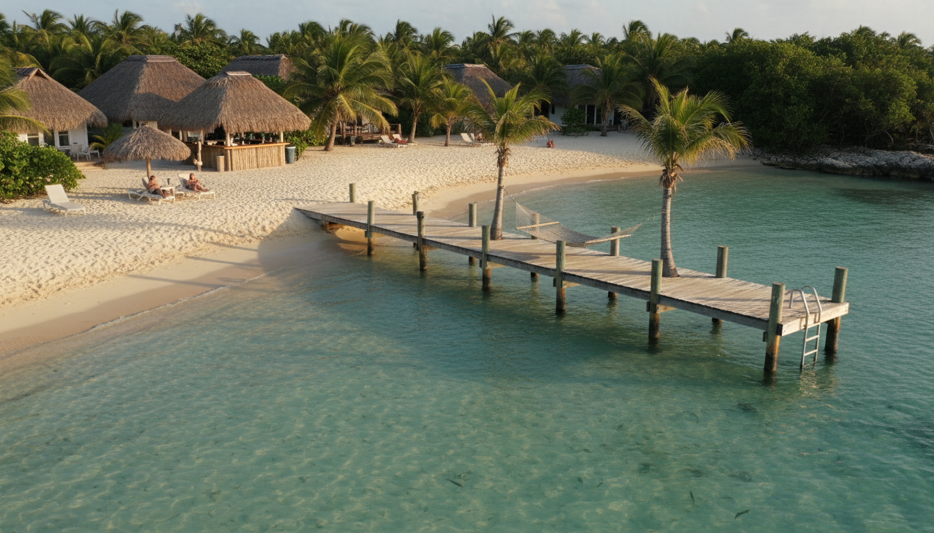 Quiet sandy cove with a wooden dock and hammock at a Florida Keys resort