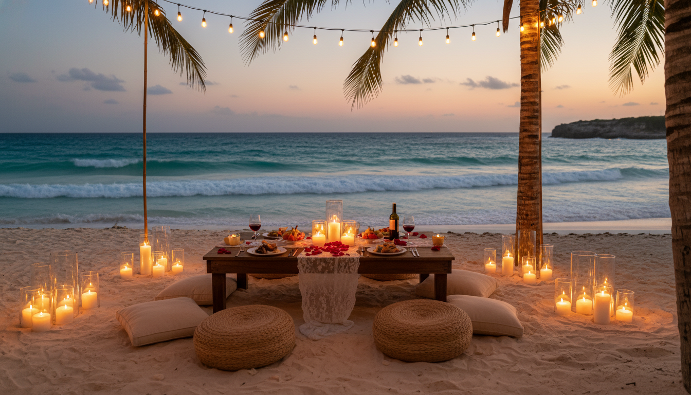 My Honest Review of the Best Beachfront Hotels in Tulum 2 Romantic candlelit dinner setup on the beach at dusk in Tulum