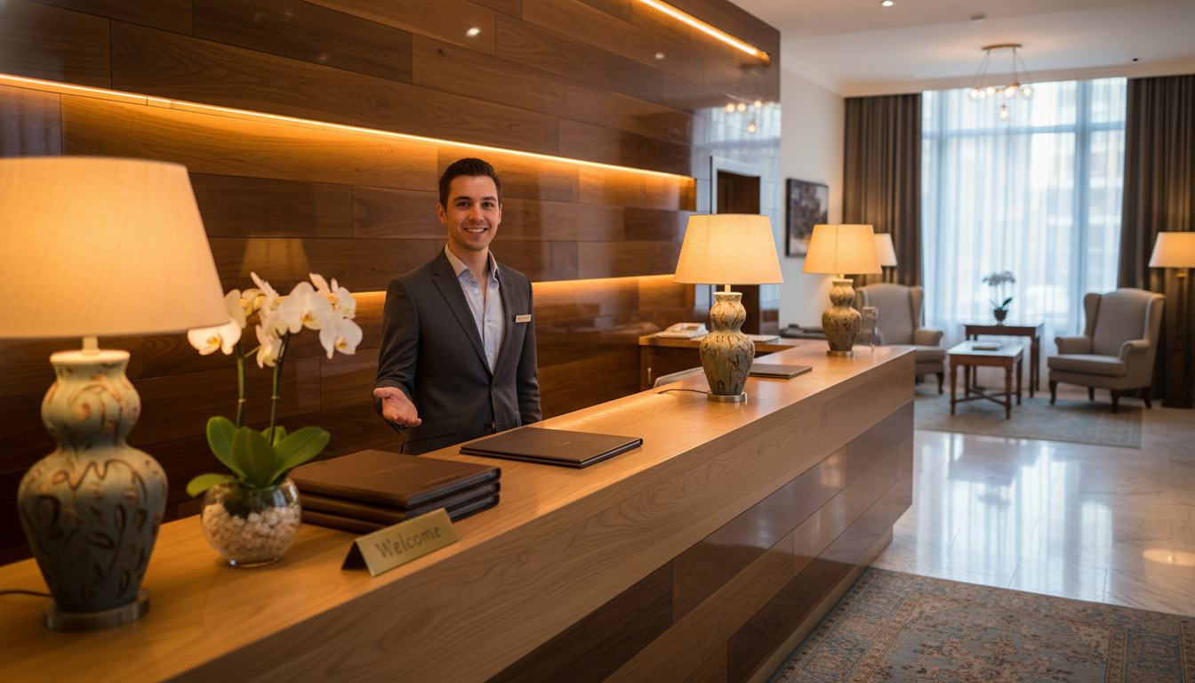 A boutique hotel reception desk where direct booking negotiations happen.