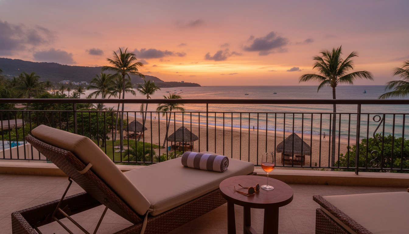 A beautiful view from a luxury hotel balcony at sunset showing what the best hotel deals can buy
