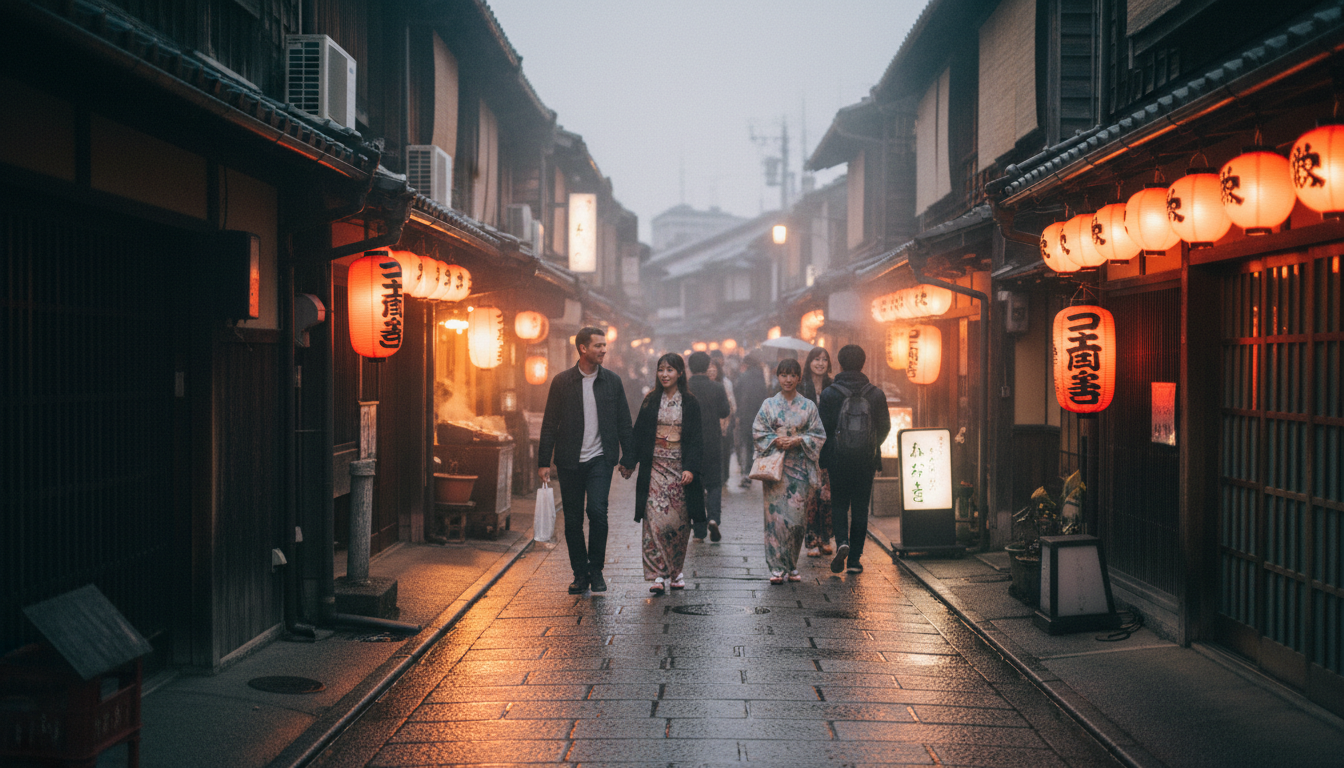 A misty, traditional street in Kyoto at dusk illuminated by glowing red paper lanterns