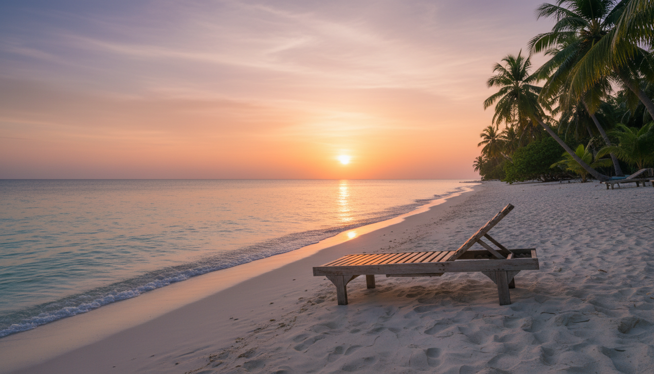 Peaceful empty beach with a wooden lounge chair at sunset