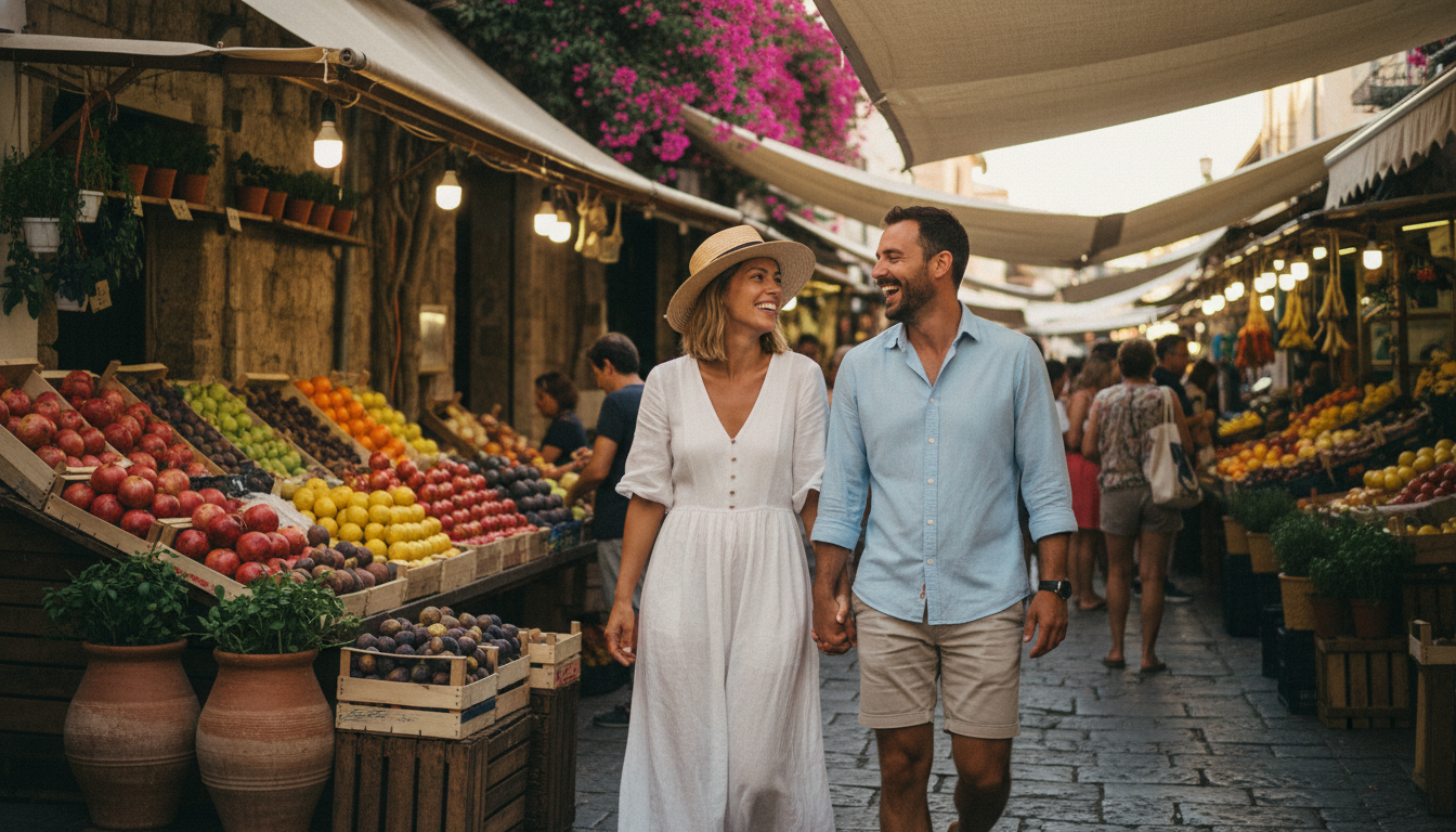 My Secret to Crafting the Perfect Vacation Every Time 2 A couple laughing together while walking through a vibrant outdoor fruit market