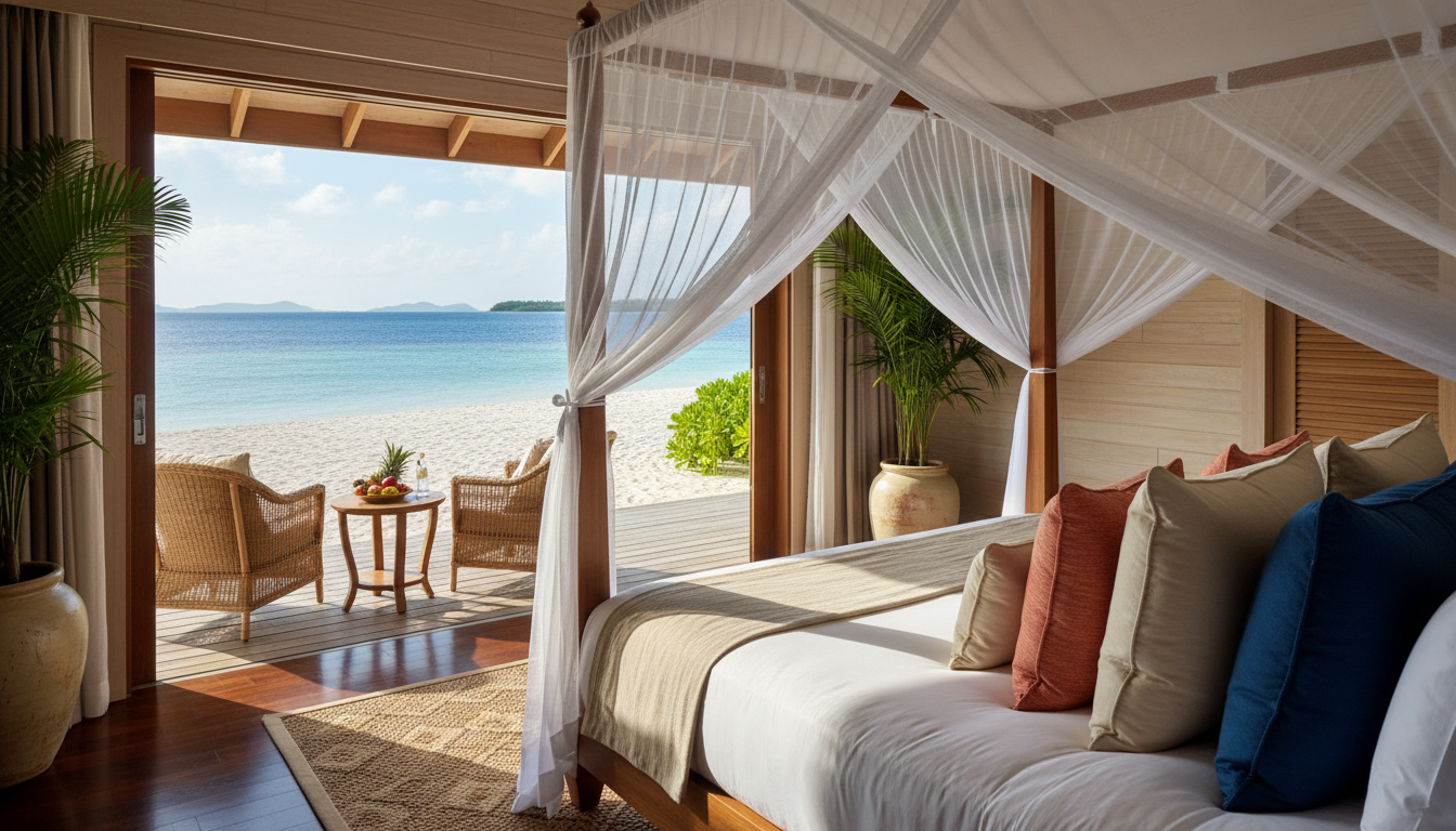 Luxury oceanfront hotel room with a stunning tropical beach view
