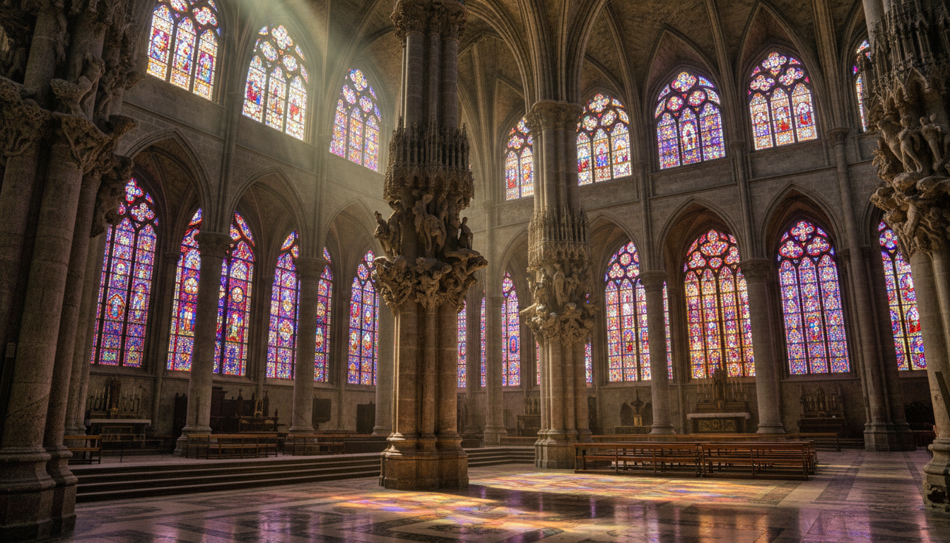 Colorful light streaming through the stained glass windows inside the basilica