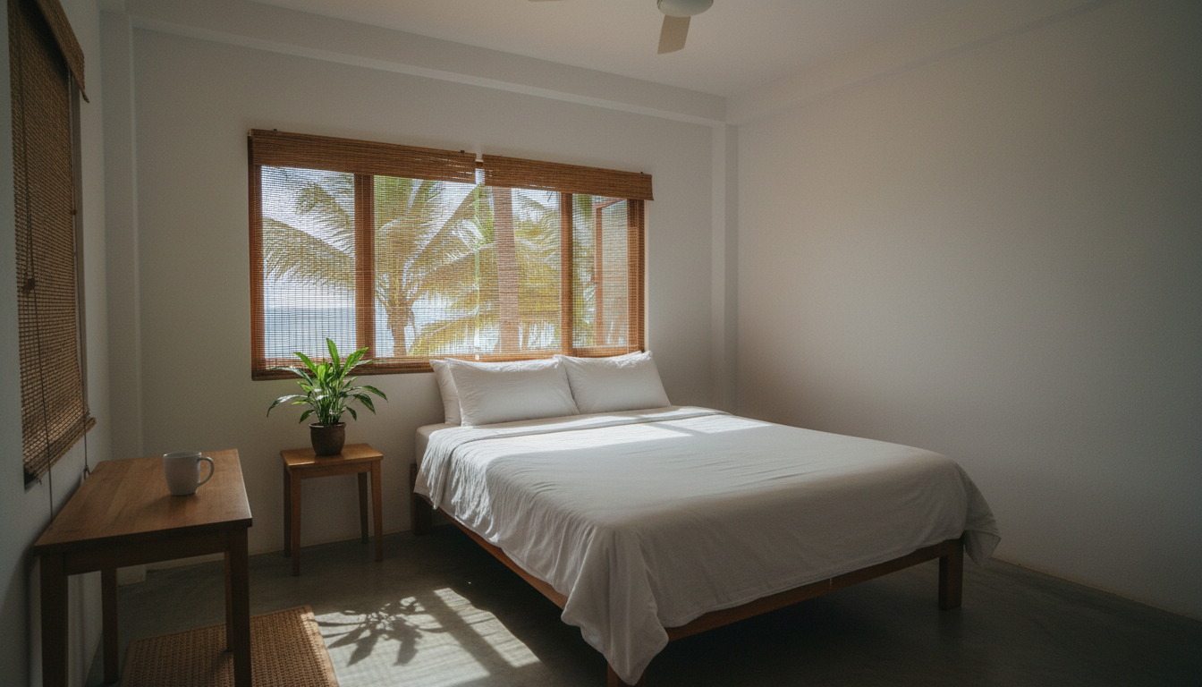 A clean and bright budget hotel room in a tropical destination with white sheets and natural light