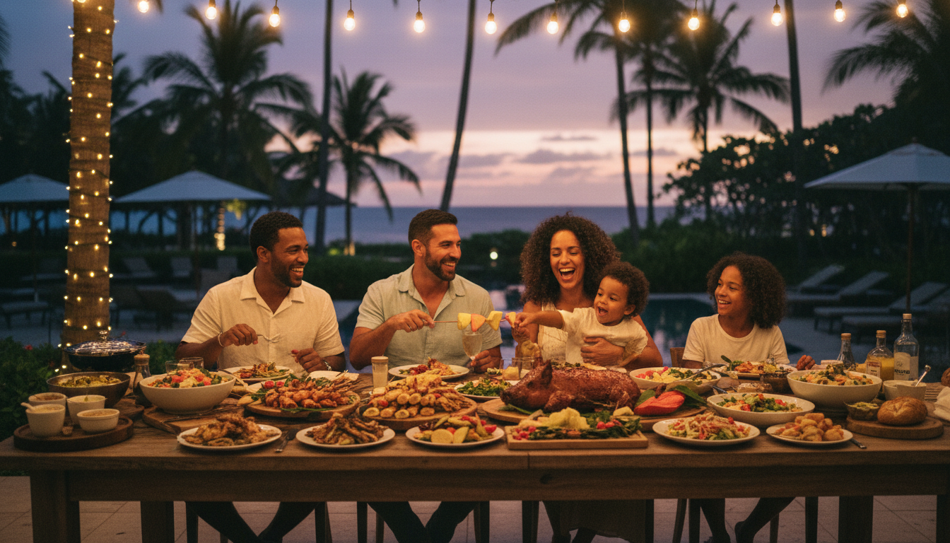 Family enjoying an outdoor dinner at an all-inclusive kid-friendly resort