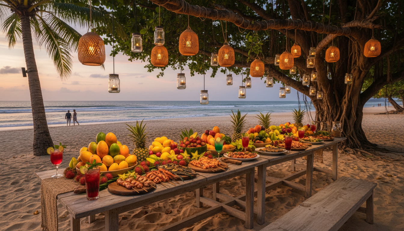 Fresh tropical seafood and fruit dinner served outdoors at a Fiji resort