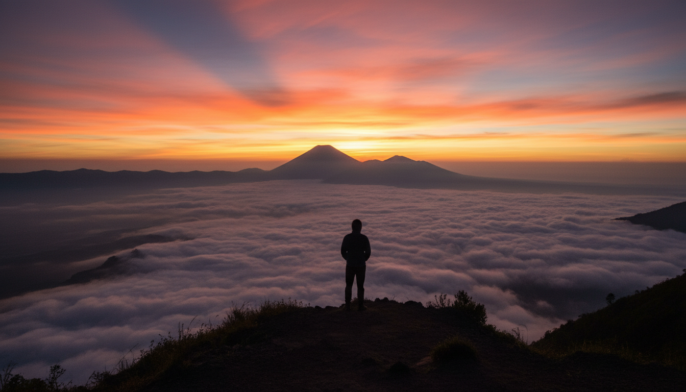 My Transformative Bali Vacation: An Island Journey 2 A hiker watching a dramatic, colorful sunrise over a sea of clouds from the summit of Mount Batur.