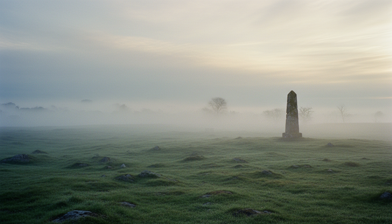 A solemn green battlefield covered in morning mist with a stone memorial