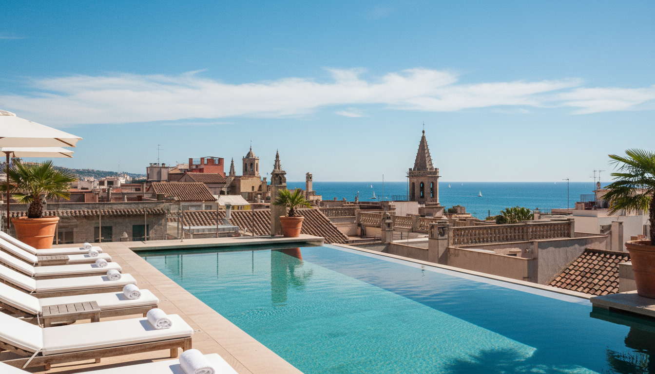 Rooftop swimming pool at a Barcelona hotel overlooking the Gothic Quarter