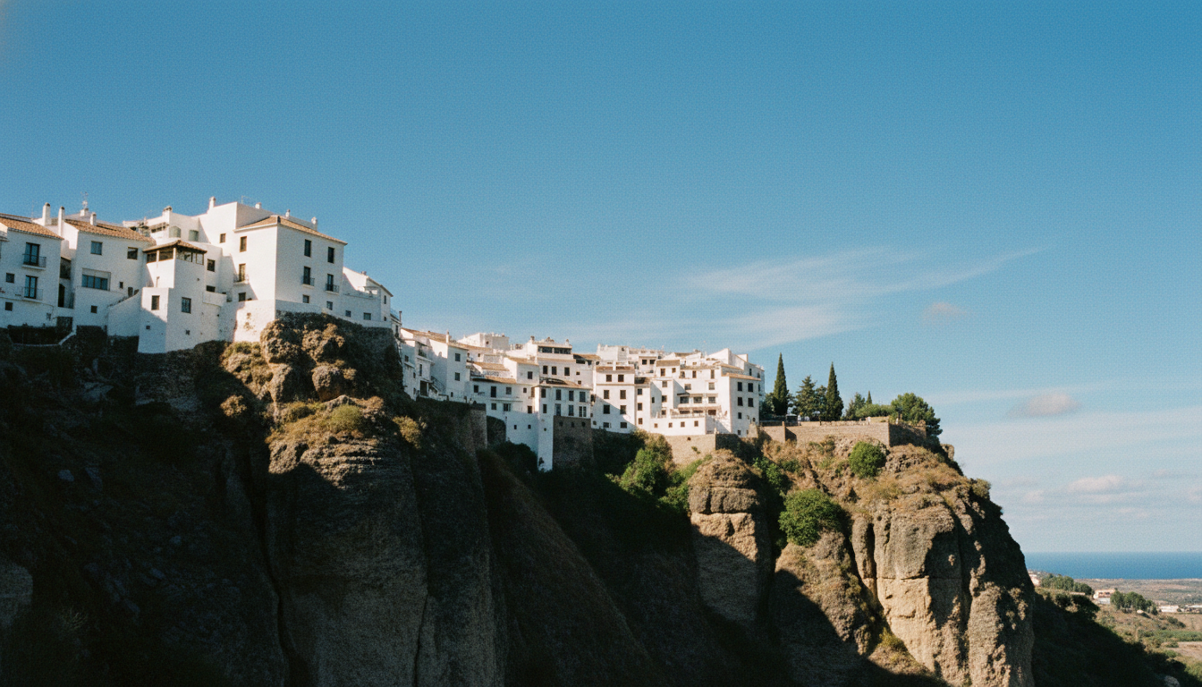A secluded white-washed village clinging to a rocky cliff edge, a perfect example of hidden gems in Spain