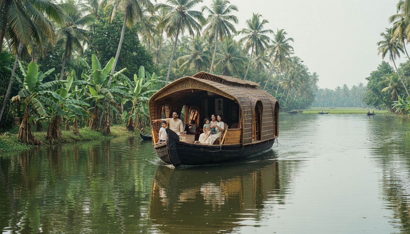 Family relaxing on the deck of a traditional wooden houseboat cruising the Kerala backwaters