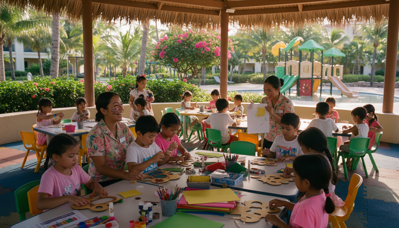 Children doing arts and crafts at a resort kids club