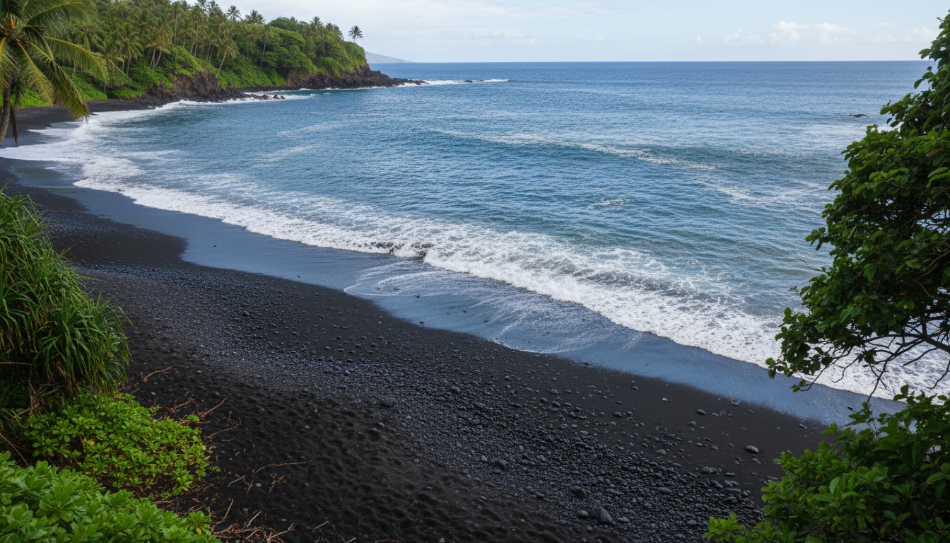 Dramatic black sand volcanic beach in Hawaii contrasting with bright blue ocean water