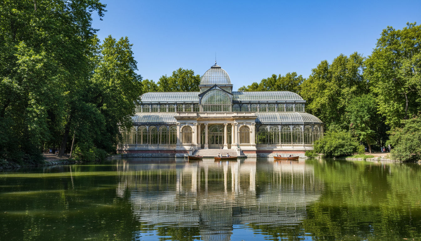 The beautiful glass Crystal Palace reflecting on the water in Retiro Park Madrid