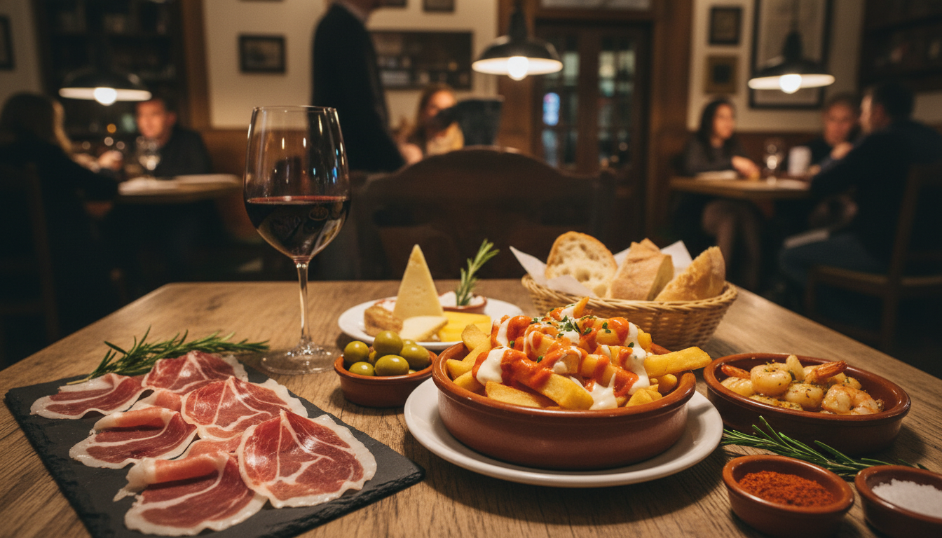 Traditional Spanish tapas spread with patatas bravas and jamon iberico