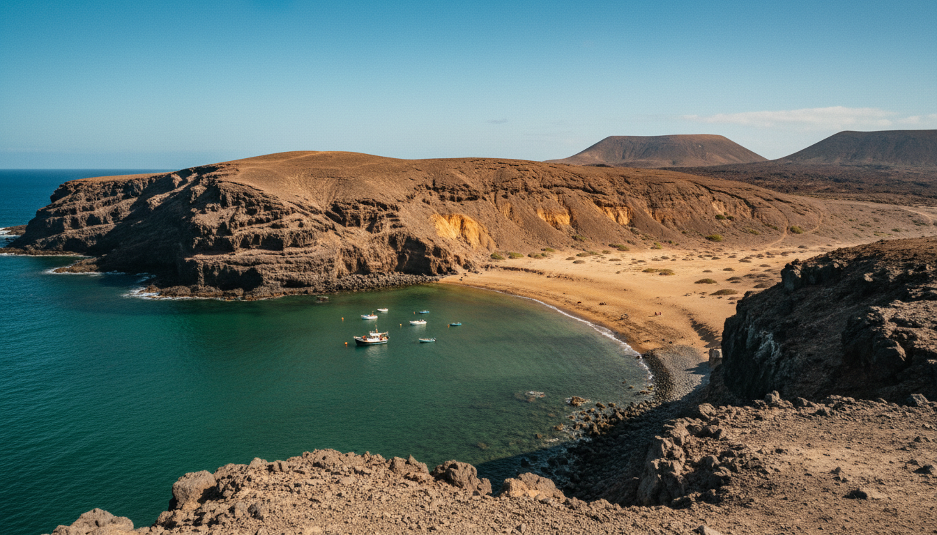 Aerial view of Playa de Papagayo in Lanzarote featuring emerald green waters and volcanic cliffs