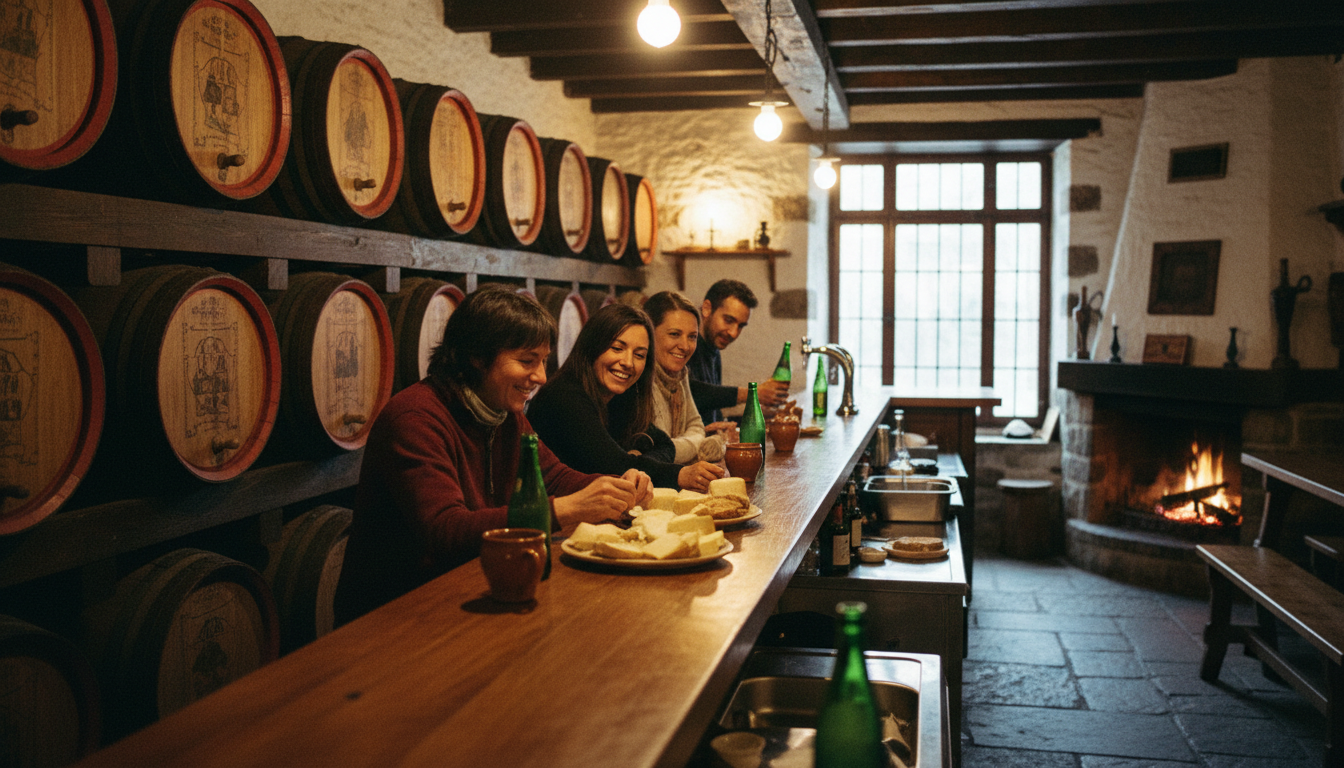 Interior of a traditional Cantabrian rustic tavern serving local cheeses and cider