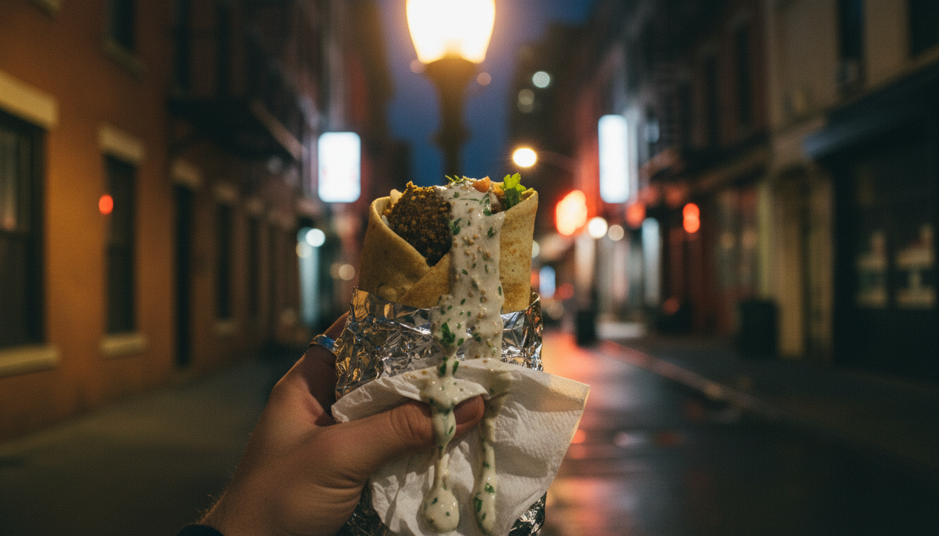 A delicious falafel sandwich wrapped in foil, representing the best late-night cheap eats in NYC.