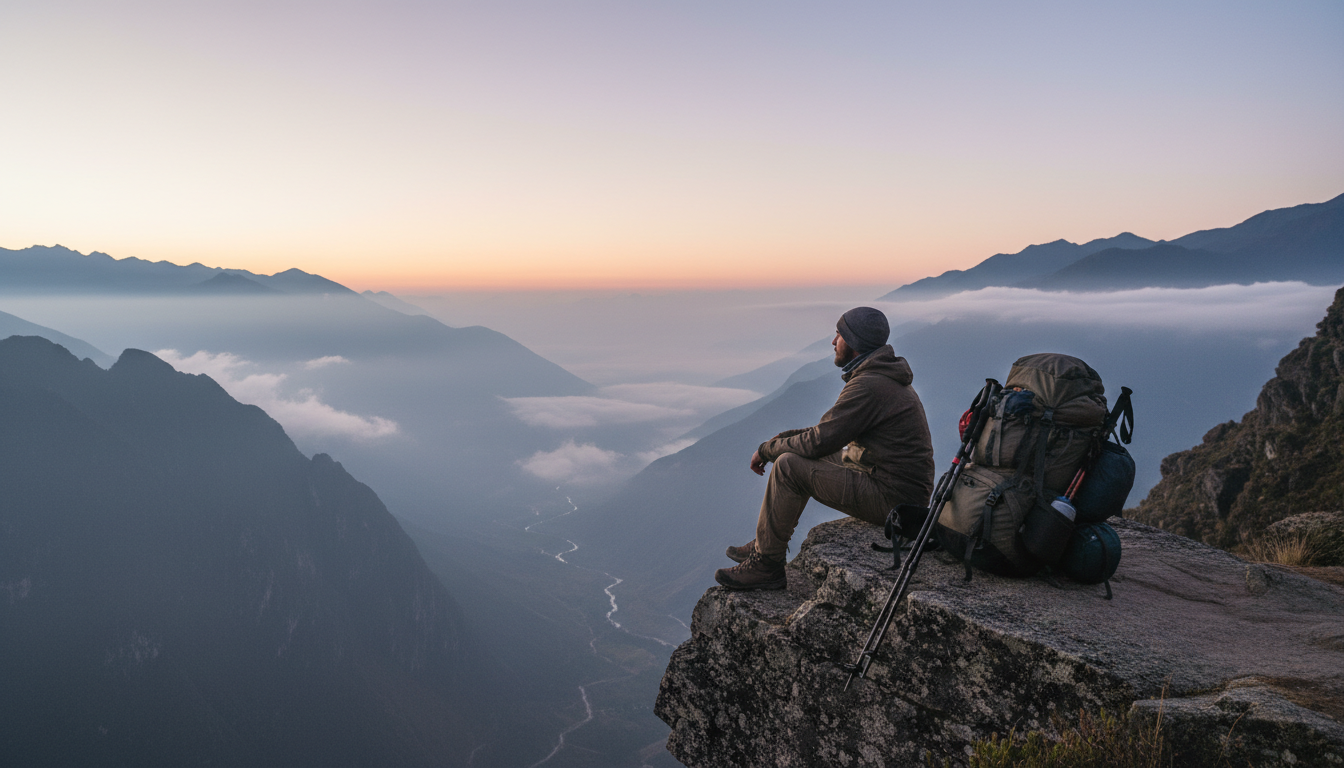 Ultimate Budget Backpacking: My Journey Around the World 2 Backpacker looking out over a misty mountain valley at dawn.