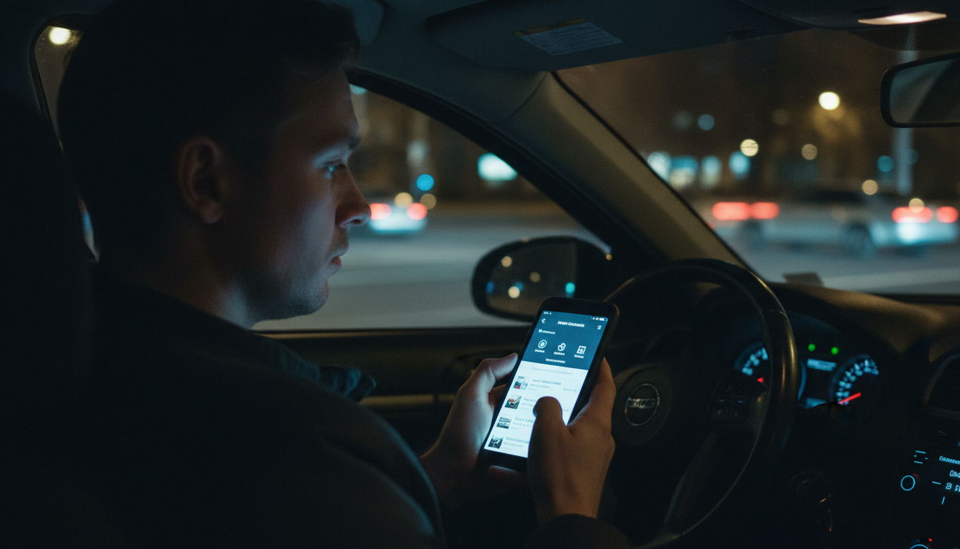 Person in a car at night using a smartphone to book a hotel room