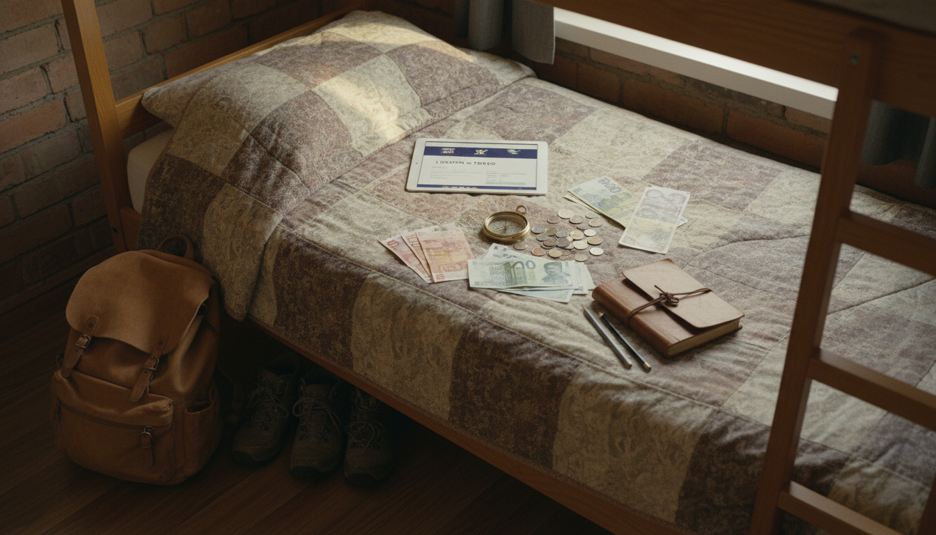 Digital tablet showing flight deals next to currency and travel journals on a hostel bed