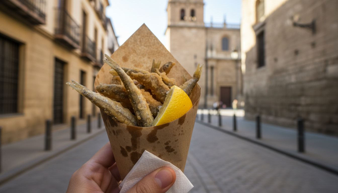 Paper cone filled with authentic Spanish fried fish in Seville